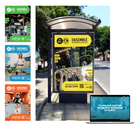 Réalisations de la campagne plan climat : les affiches thématiques en situation ainsi que le packshot d'une vidéo