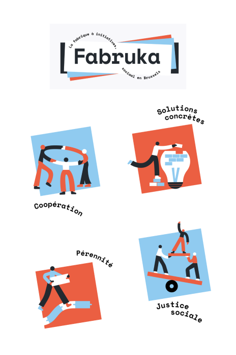 Logo du projet Fabruka et 4 illustrations qui illustrent les concepts suivants : coopération, solutions concrètes, pérennité et justice sociale